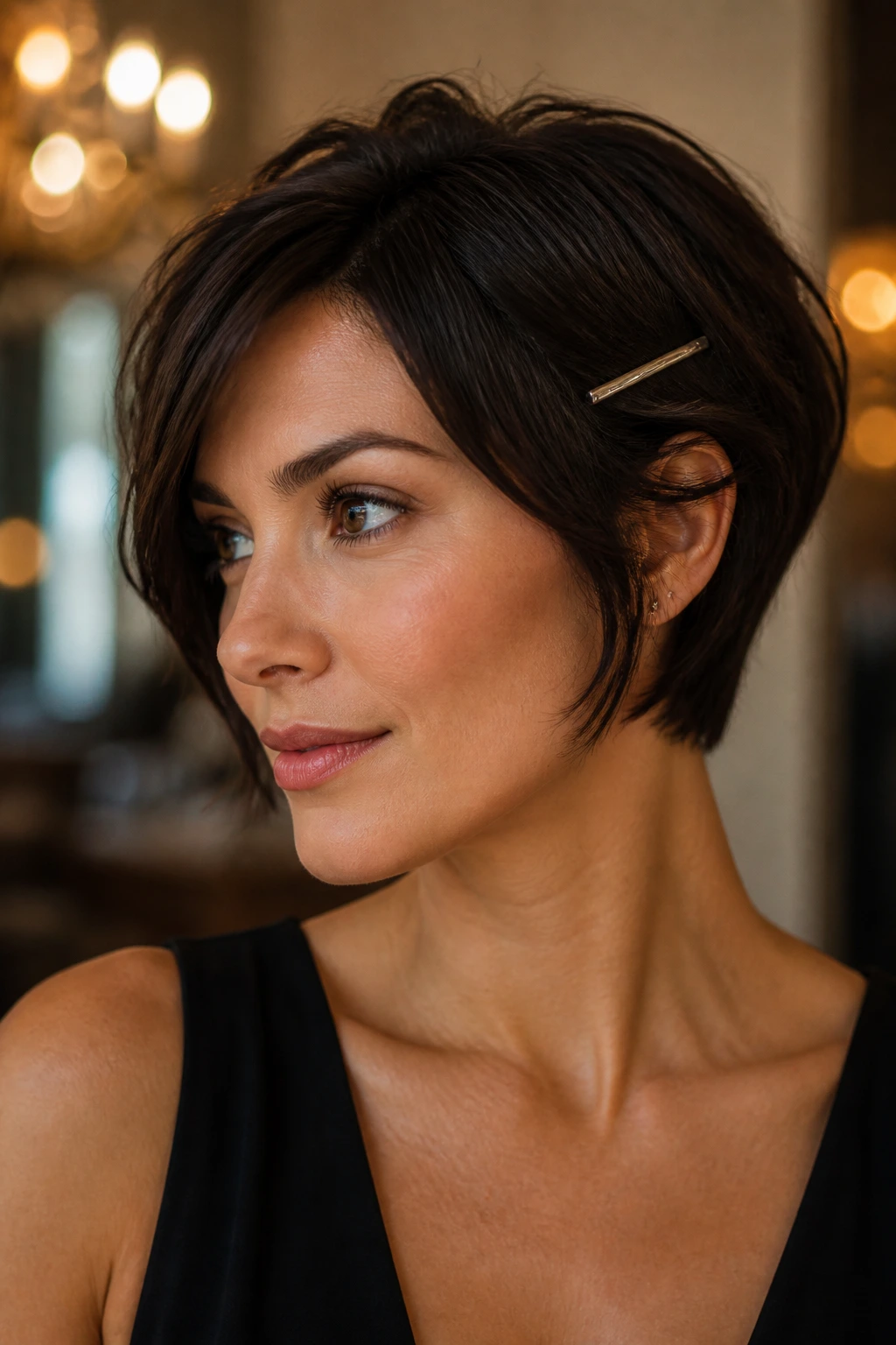 Close-up of a real woman with short layered hair wearing a metallic pin for a dressy look