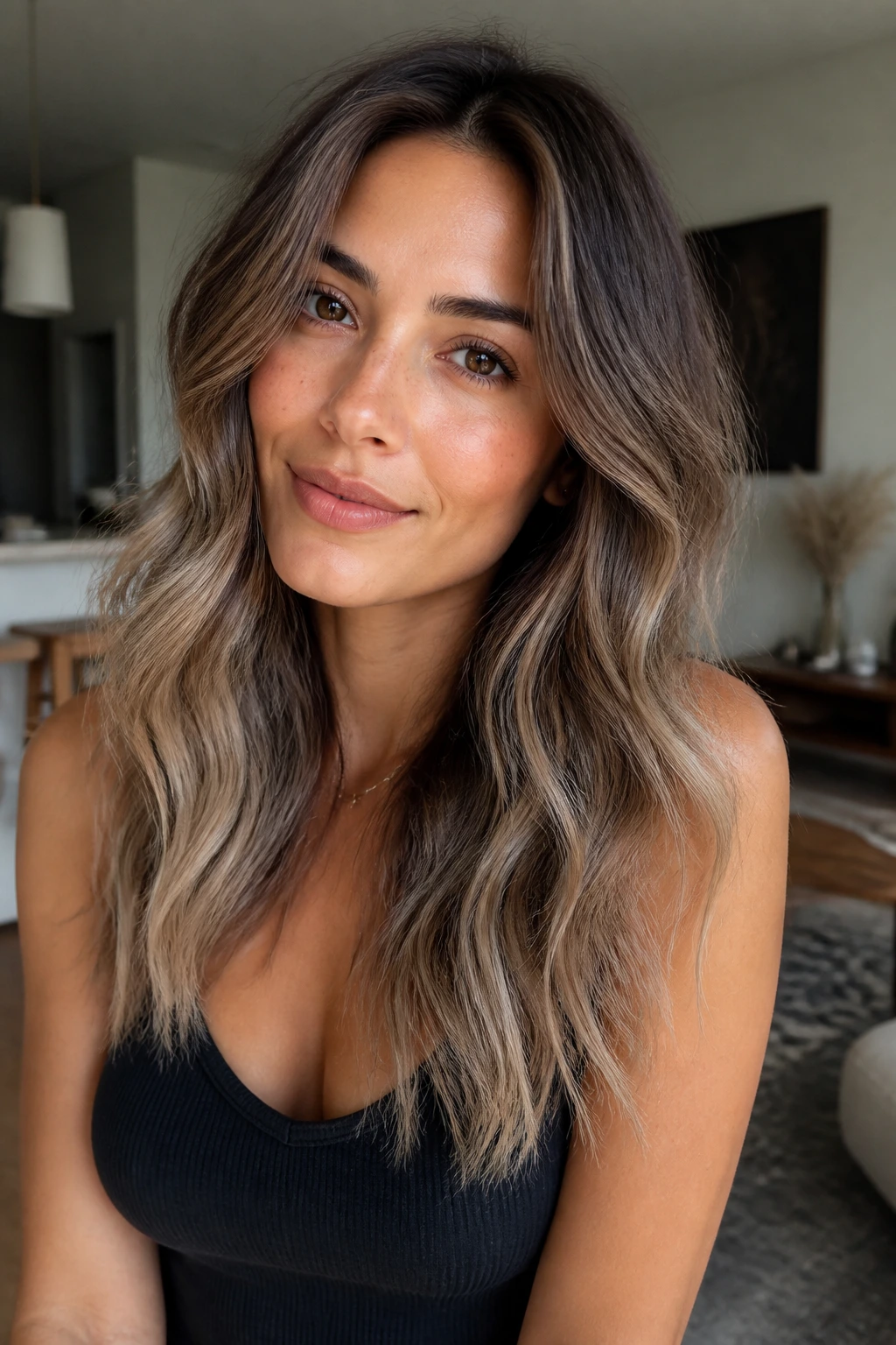 Close-up of real woman with driftwood brown to dusty blonde ombre on olive skin.