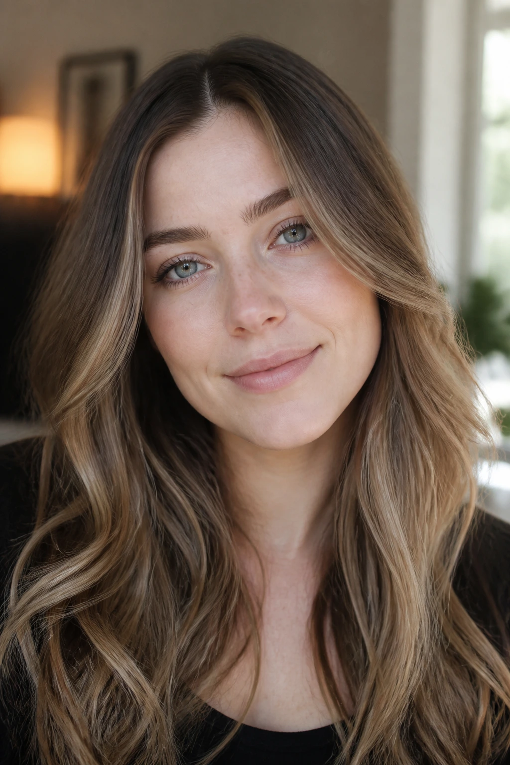 Hair with driftwood brown ribbon lights along the sides and lower lengths on pale skin.