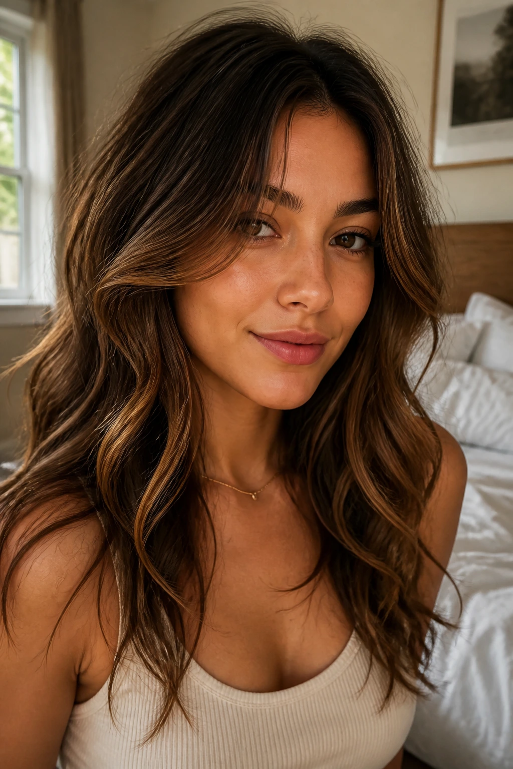 Close-up of real woman with drop-curl layered haircut in warm window light