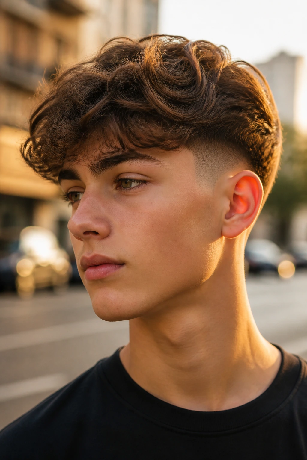 Real boy with drop fade and airy top under golden hour street light
