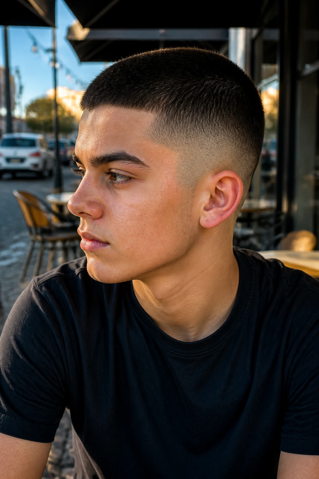 Teen boy close-up with drop fade buzz by street cafe