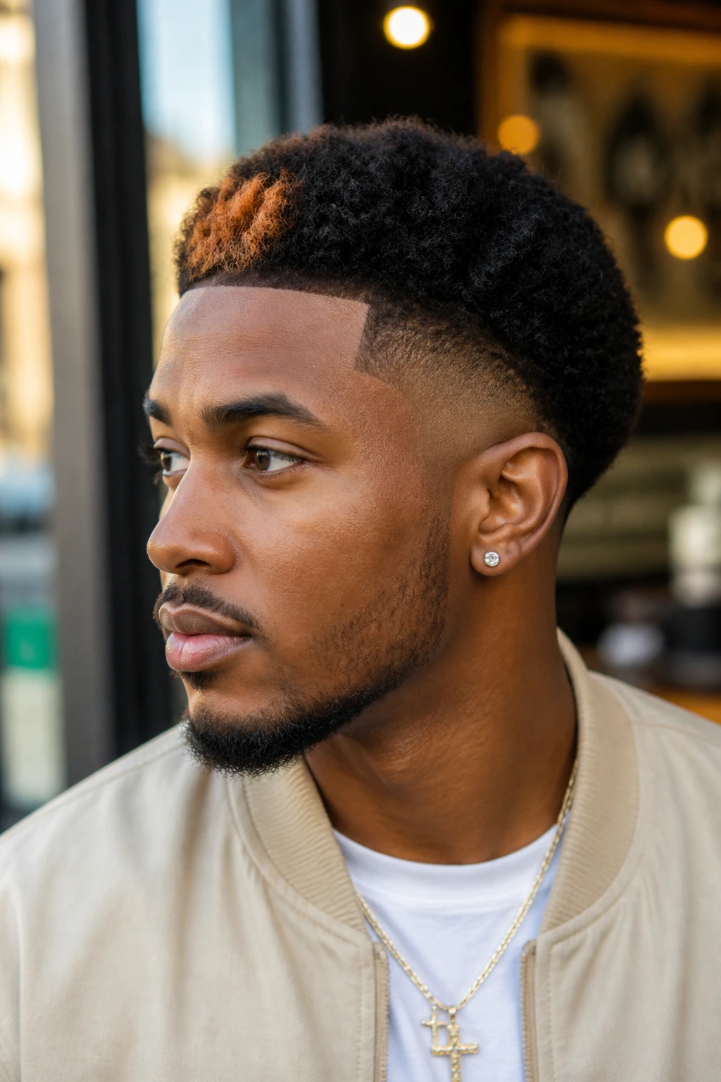 Close-up portrait of a real Black man with a drop fade and copper front money piece