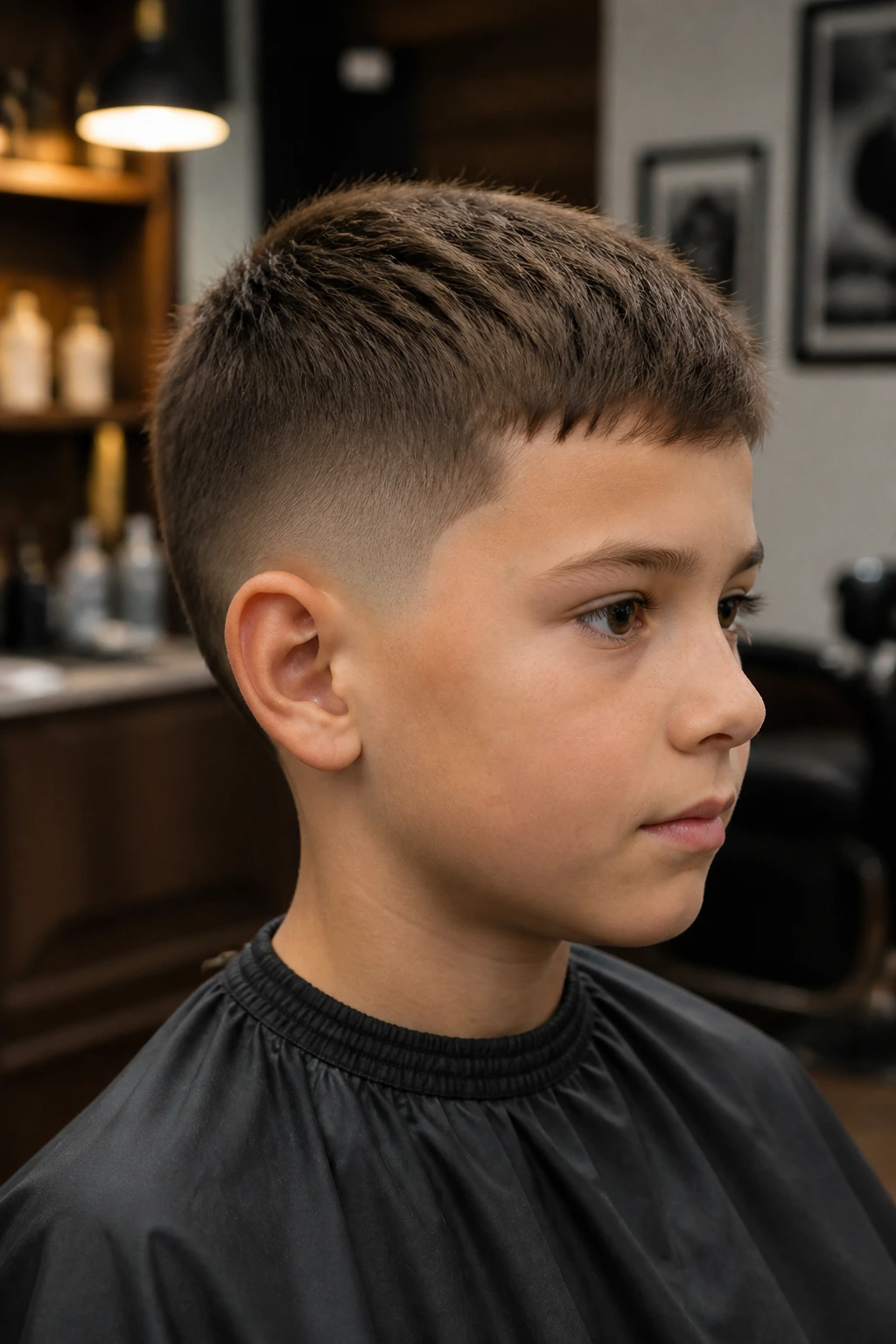 Close-up of a boy with drop fade crew cut showing curved fade behind the ear