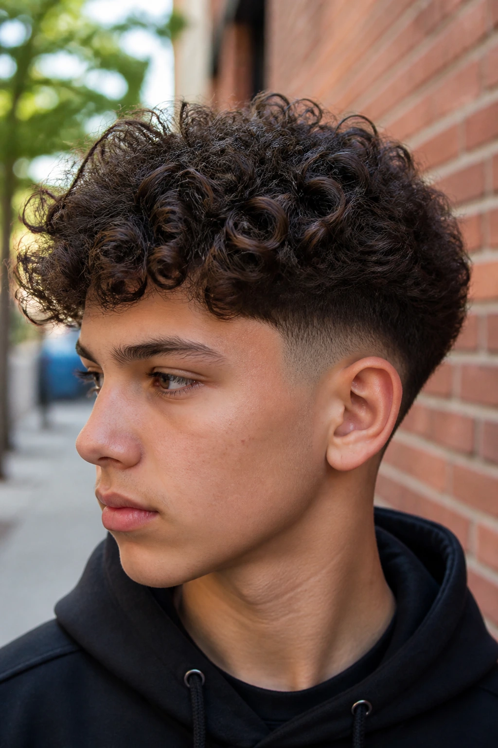 Close-up of a real boy with drop fade and curls hairstyle outdoors in daylight