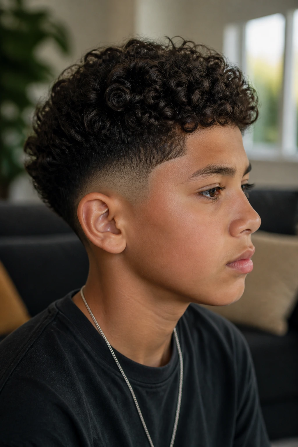 Close-up of a real boy with curly drop fade and textured curls
