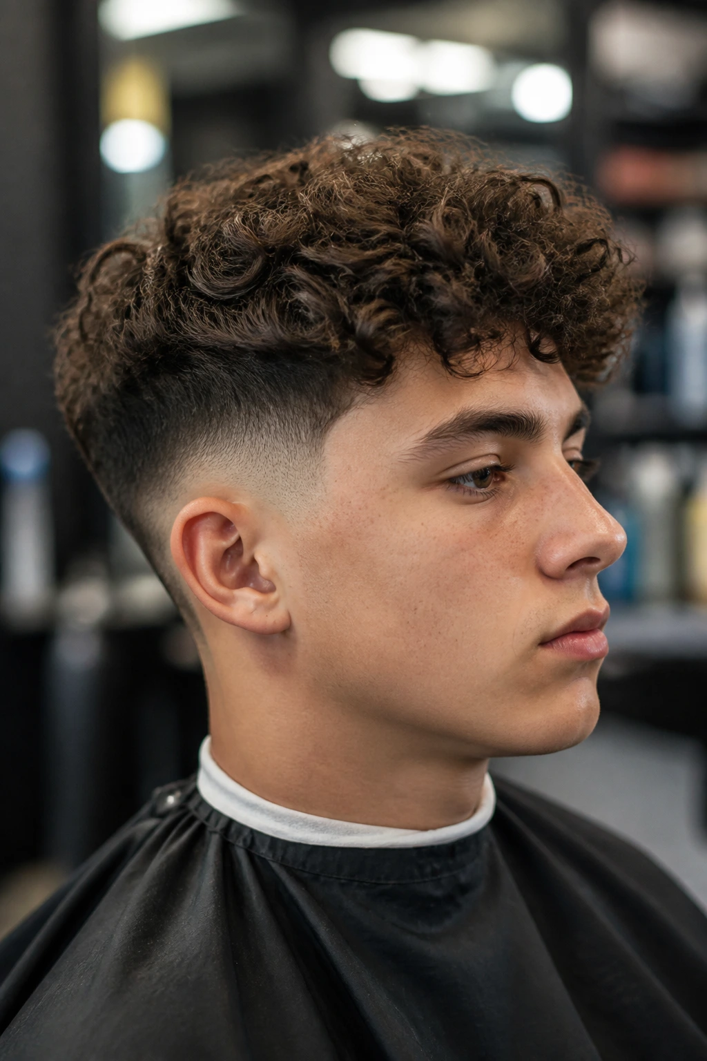 Boy with drop fade and curly top under natural lighting