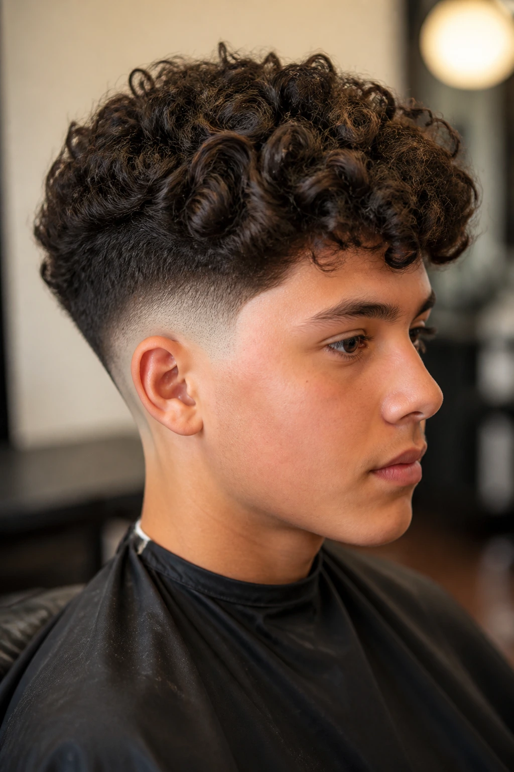 Profile image of a boy with a drop fade and curly top, fade curve visible.