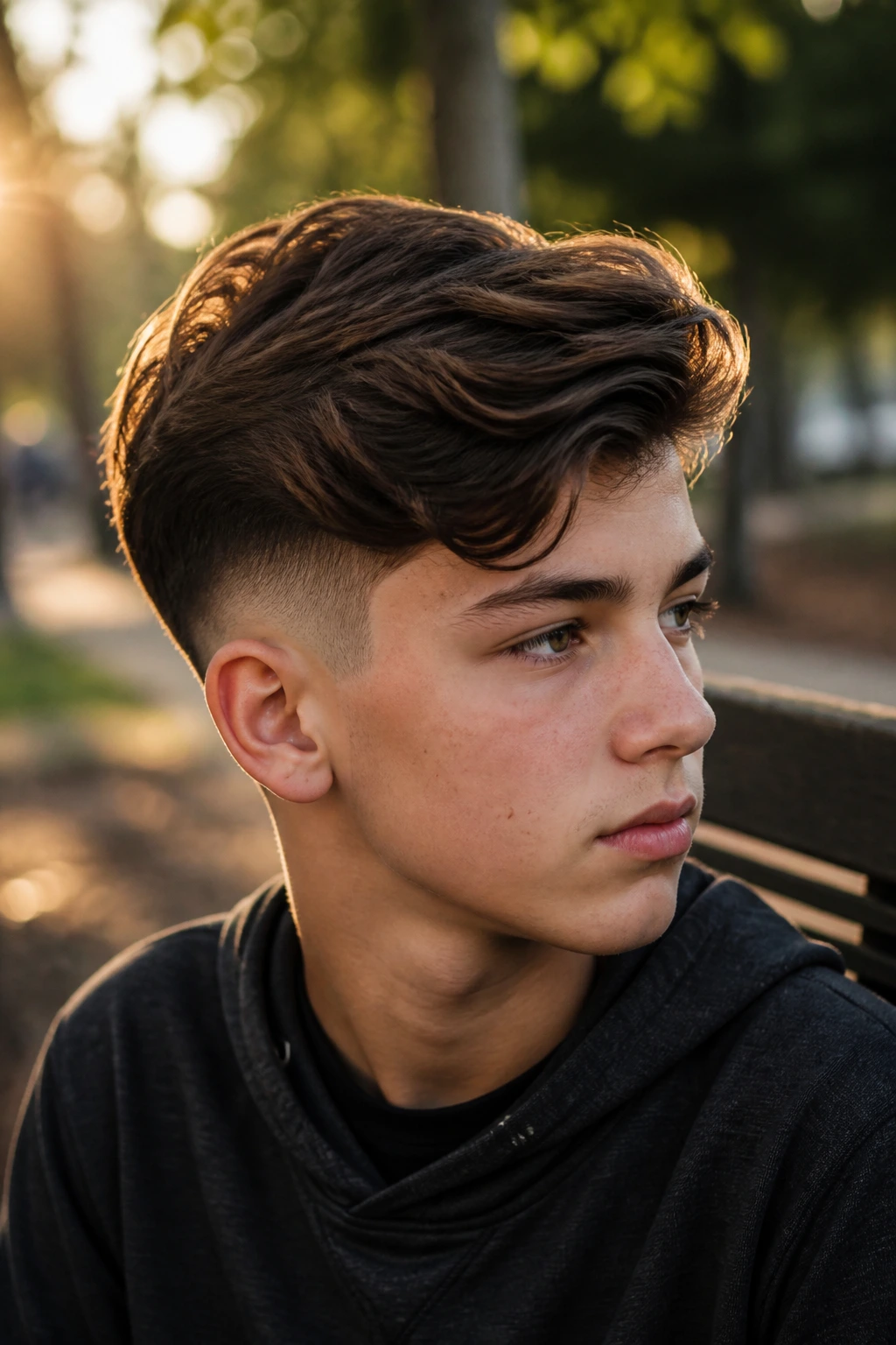 Close-up portrait of a boy with a drop fade and side-swept top