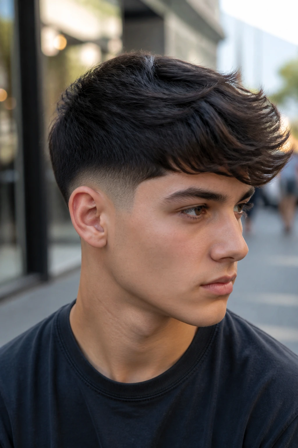 Close-up of a boy with a drop fade swoop hairstyle
