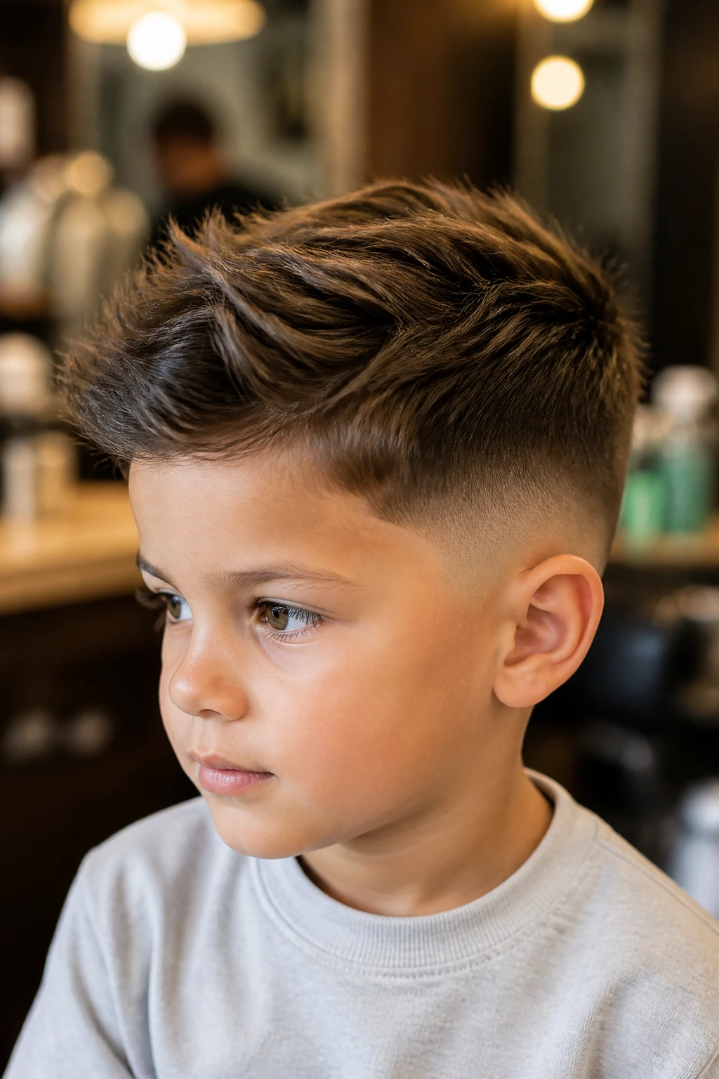 Close-up of a real boy with a drop fade and textured top hairstyle.