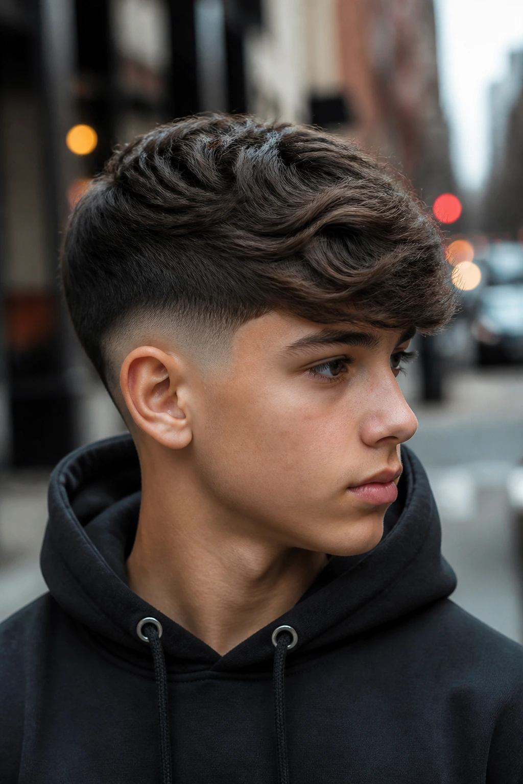 Close-up of a real boy with drop fade and swept waves on an urban street.