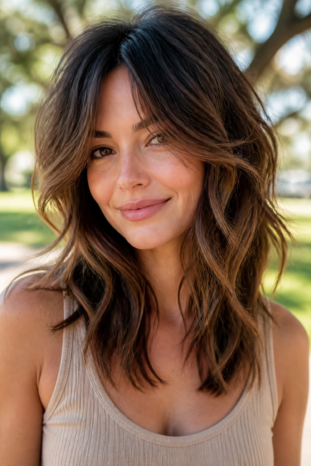 Real woman with shoulder-length hair and drop layers