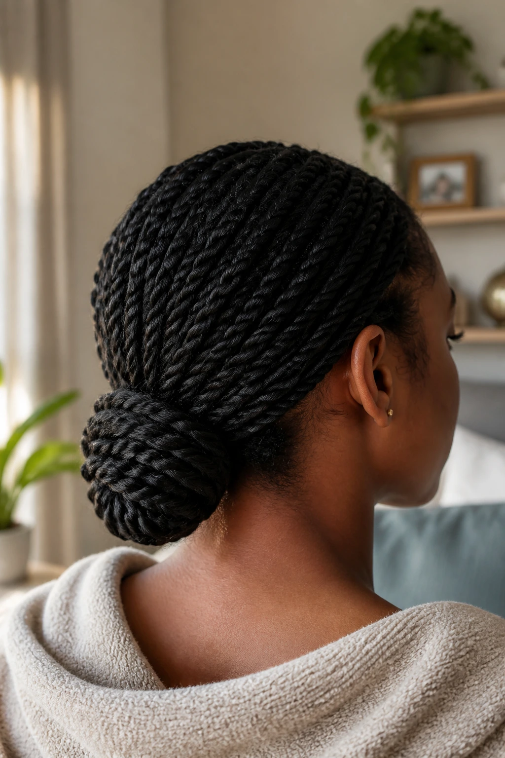 Real person with drop-low protective bun resting low on the neck