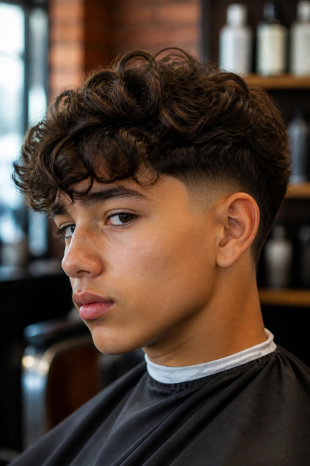 Close-up portrait of a boy with drop taper and curly fringe in a barbershop