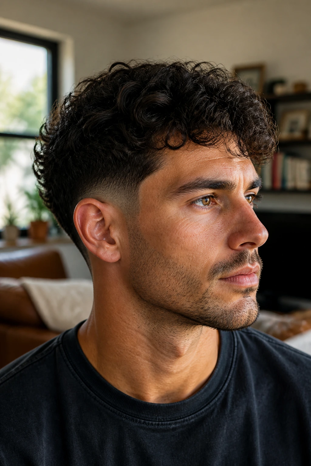 Man with drop taper fade and loose curls.