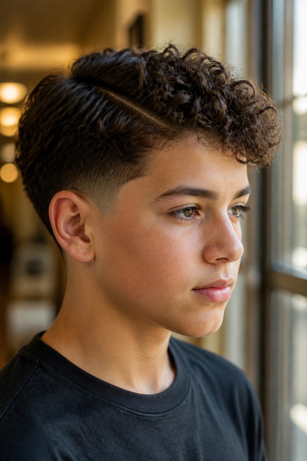 Boy with drop taper and side part, close-up portrait.