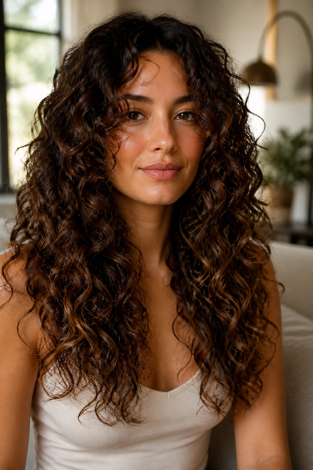 Real woman with dry-cut layers on long curly hair.