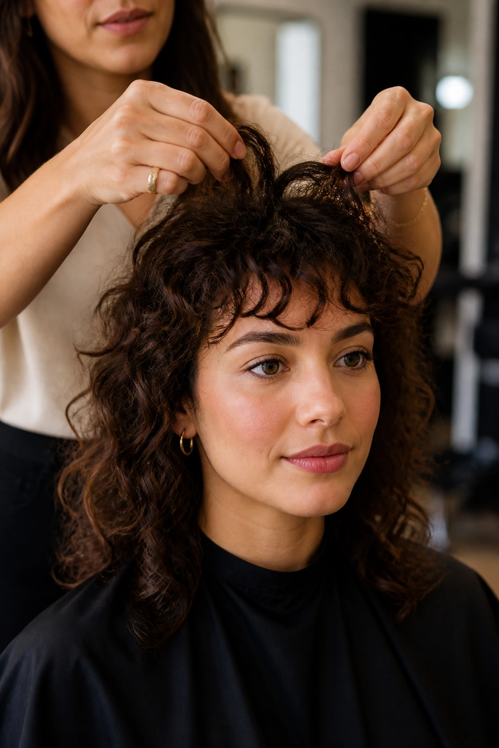 Close-up of client with curly bangs being checked for shrinkage in a salon