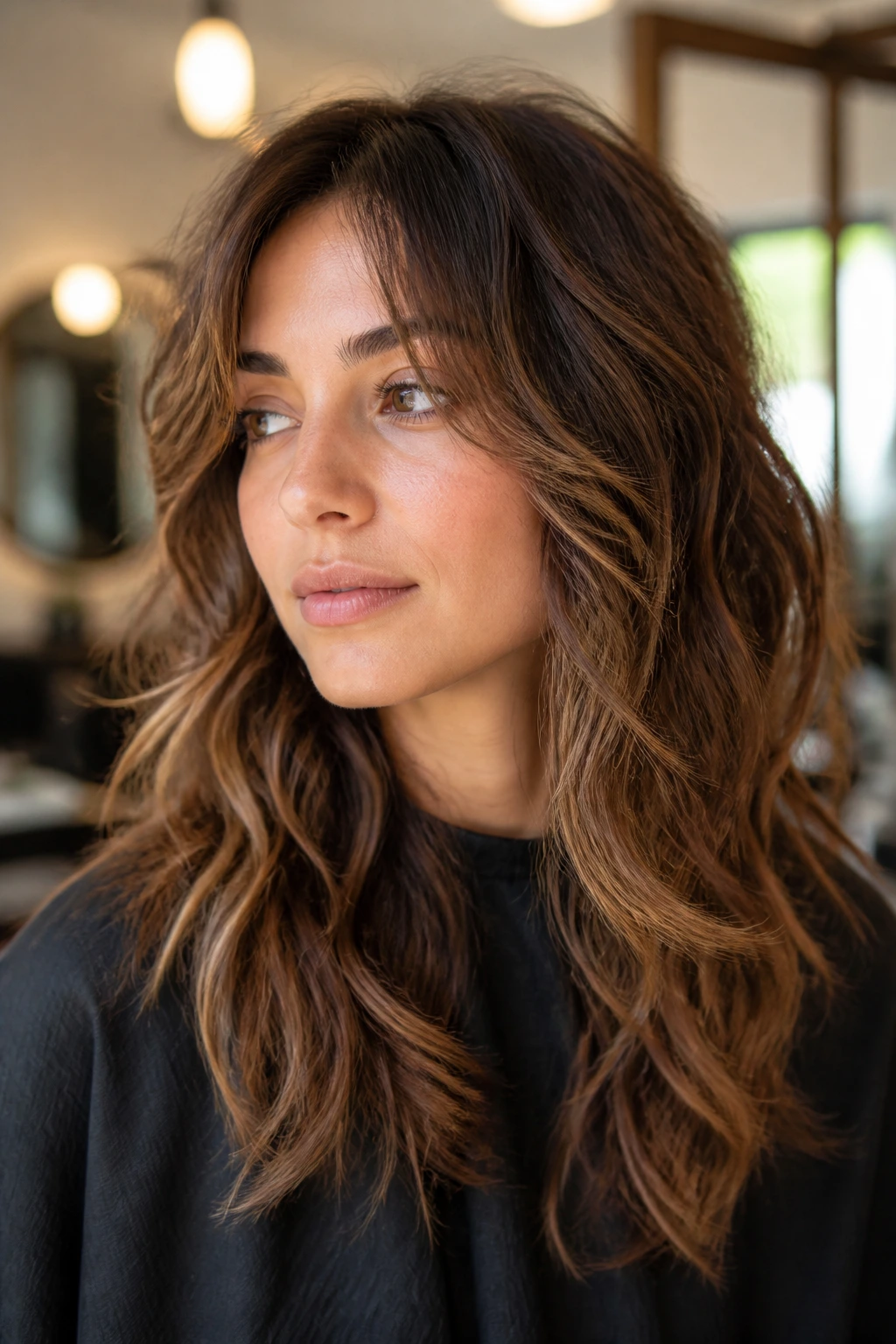 Close-up of a real woman with textured dry-cut layers in wavy hair