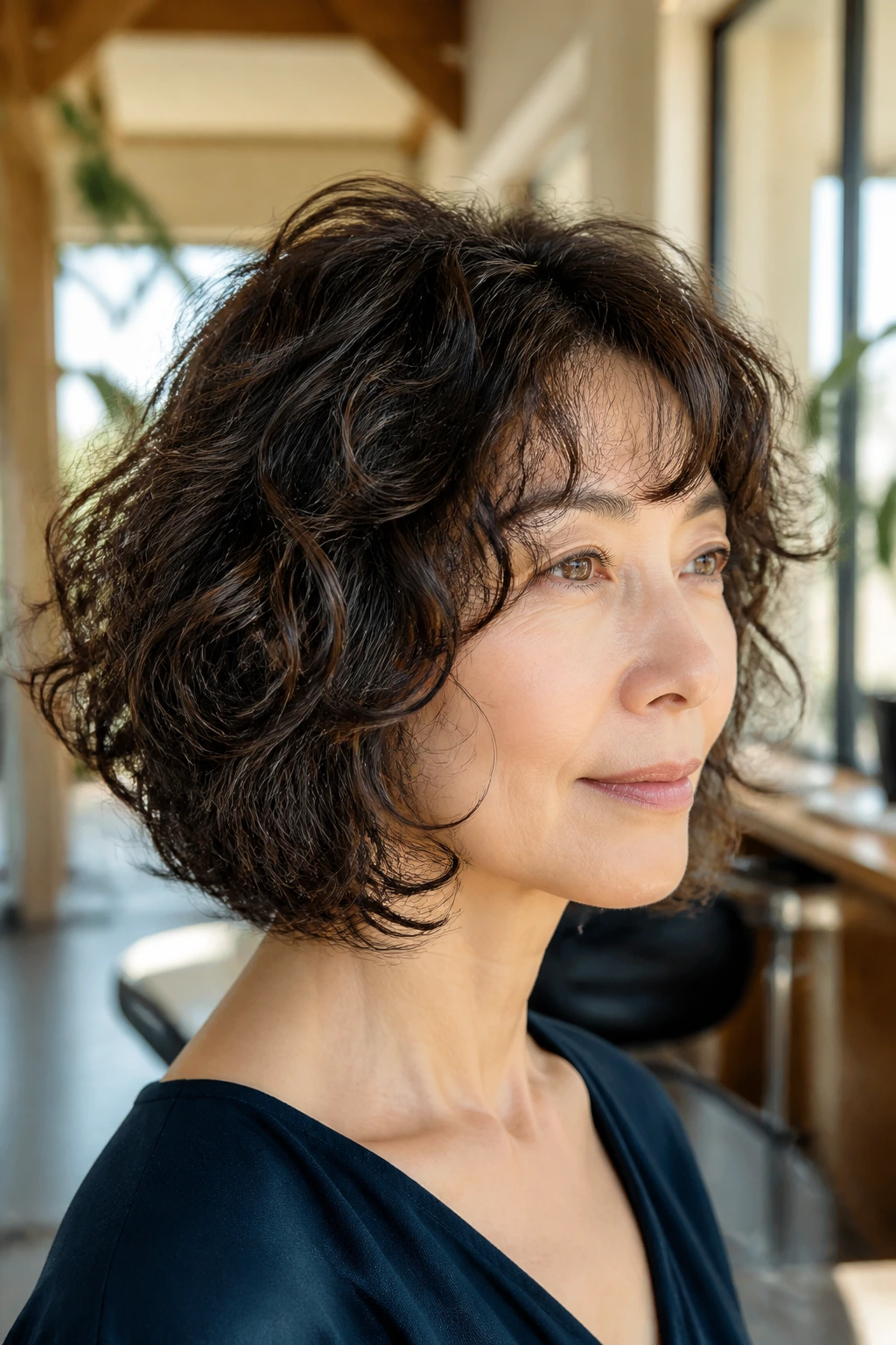 Close-up of a real woman with a lob showing interior layers and a clean perimeter