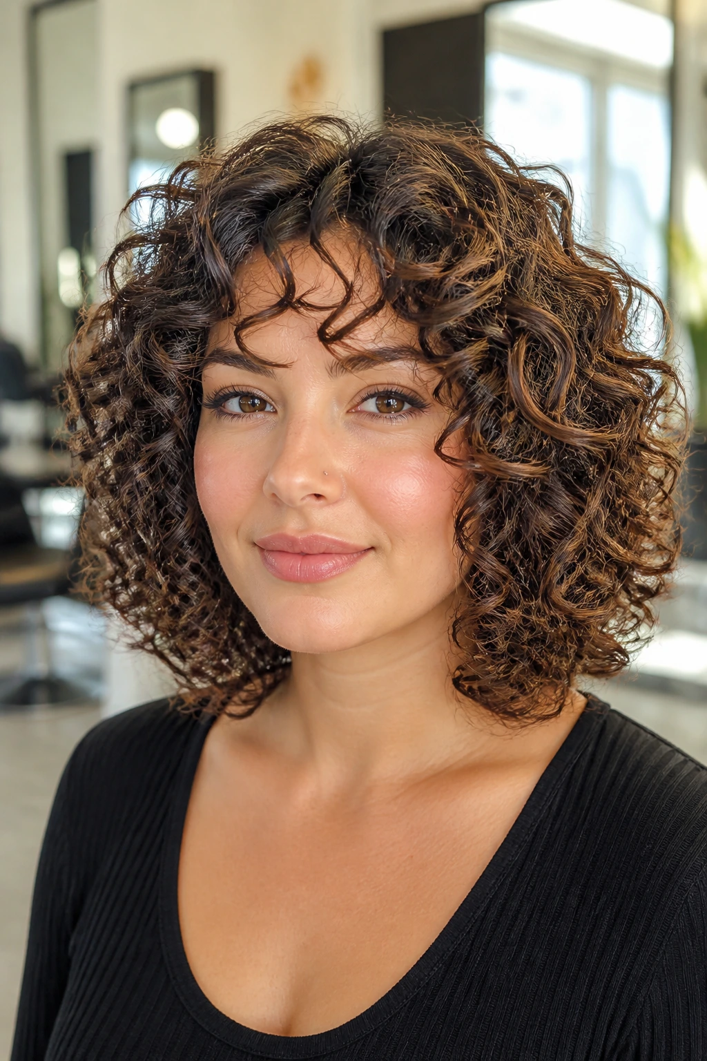 Close-up of real person with ringlet curls shaped by dry-cut technique