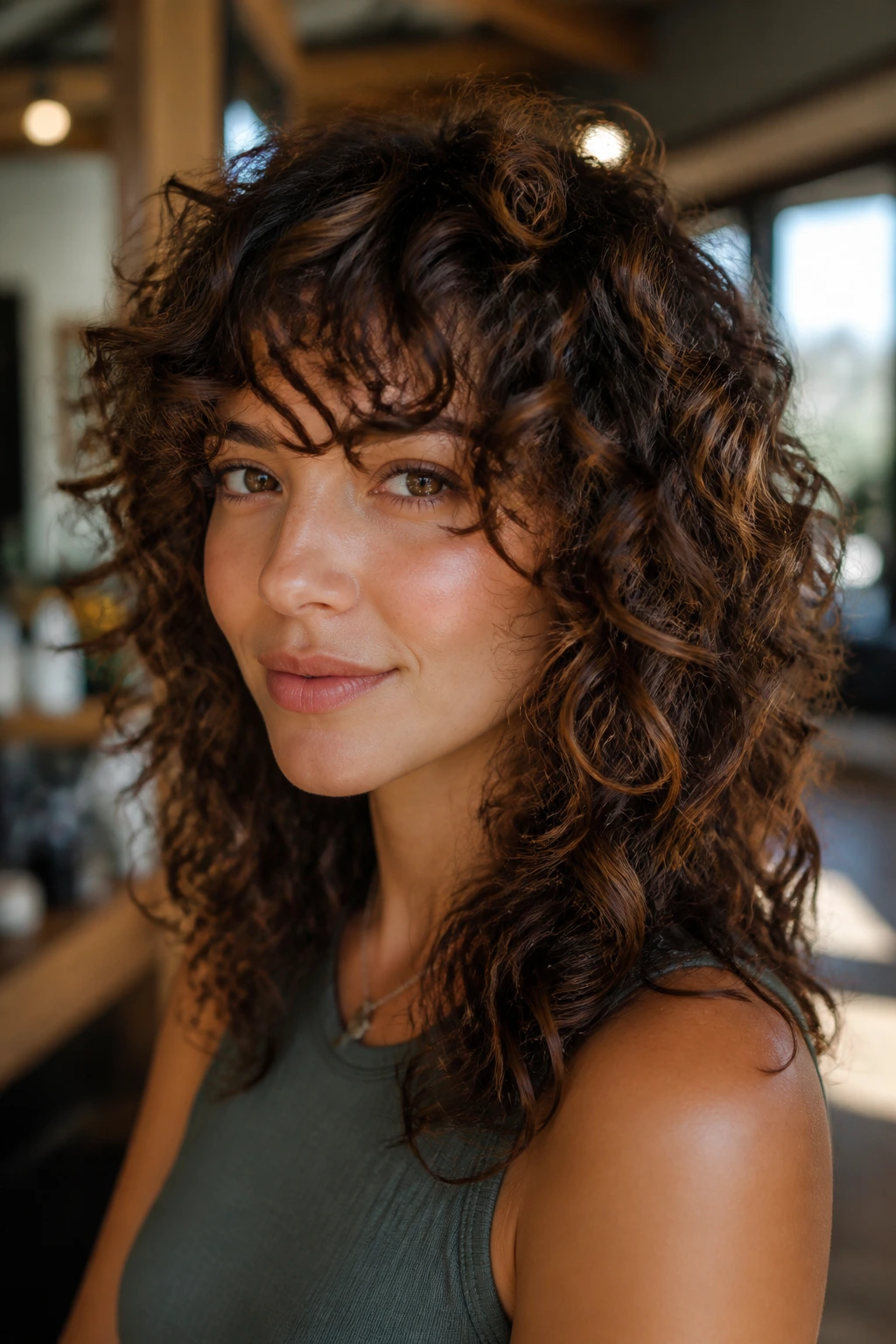 Close-up of a real person with a dry-cut shag featuring tonal chestnut lowlights on curly hair