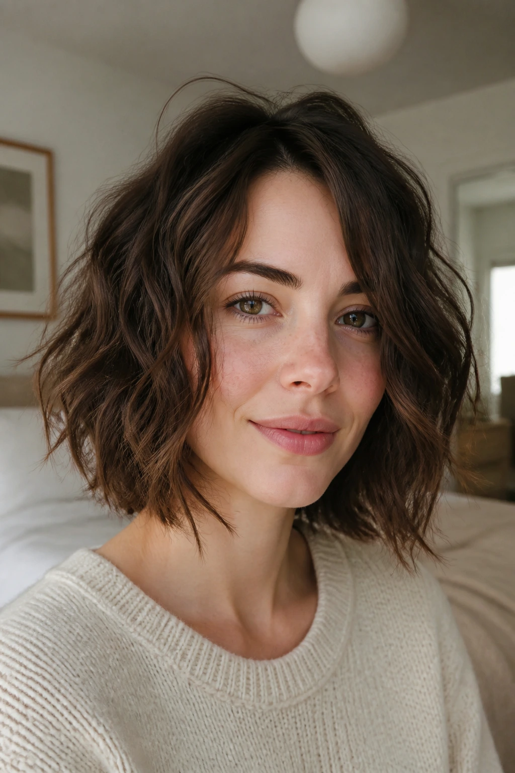 Real person with dry-cut wavy lob in soft morning light