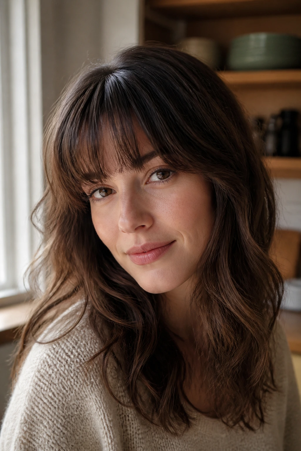 Close-up of a real woman with day-two bangs showing extra root grip.