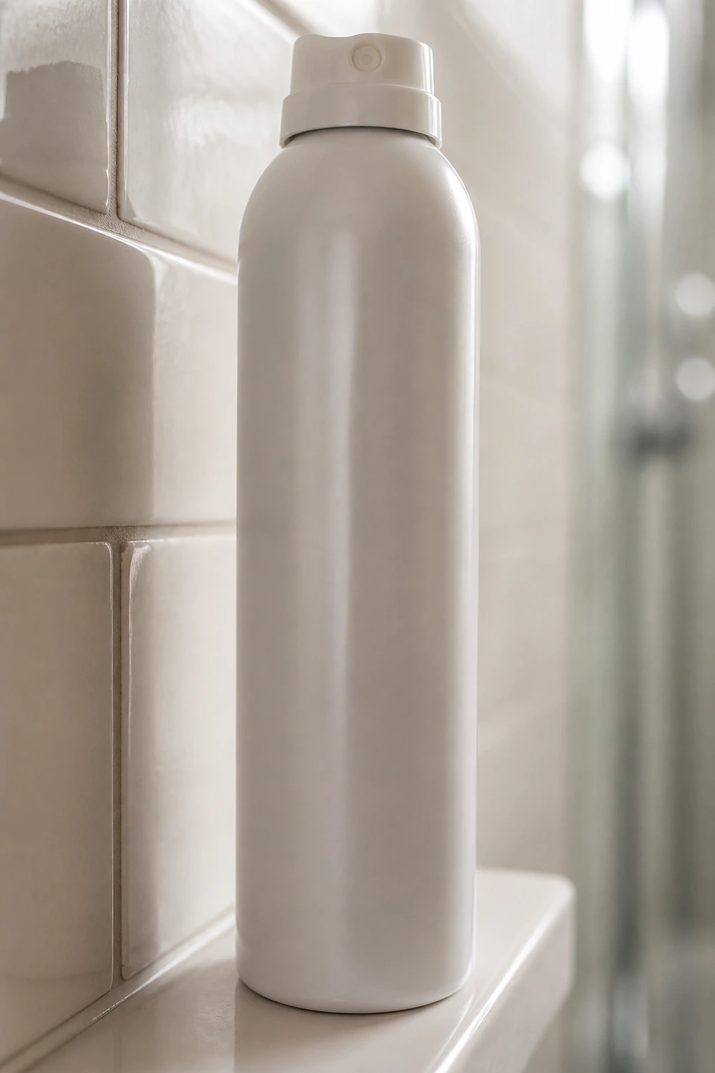Bottle of dry shampoo on a bathroom shelf
