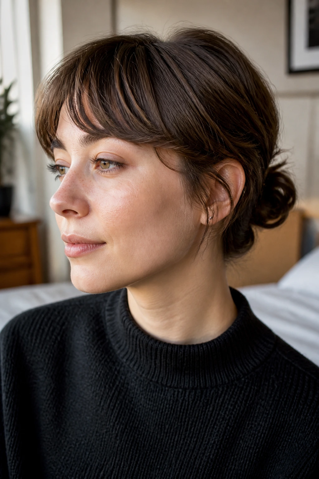 Portrait of a person showing maintained shape between haircuts with dry shampoo touch-up