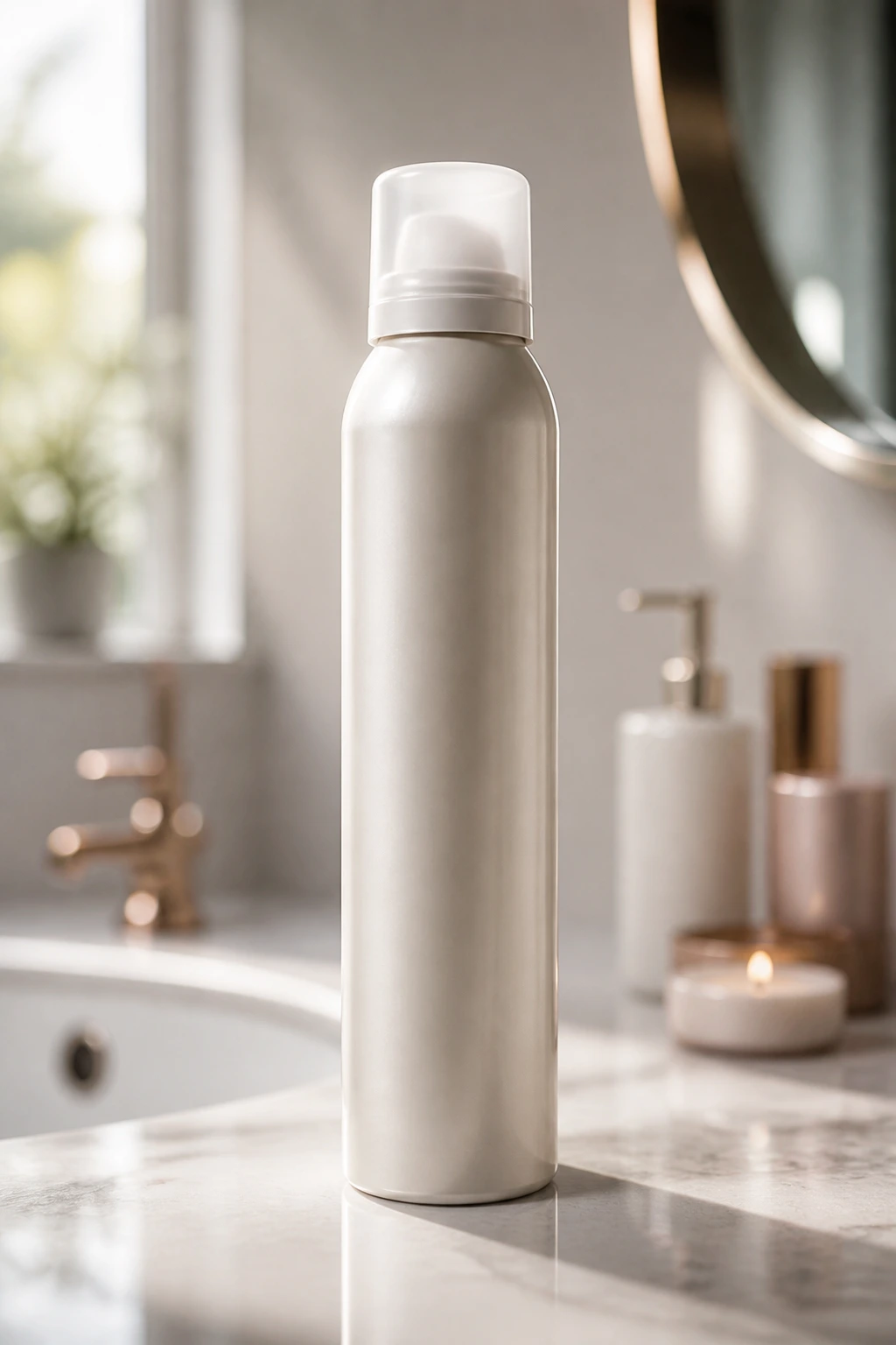 Close-up of a bottle of dry shampoo in a real bathroom