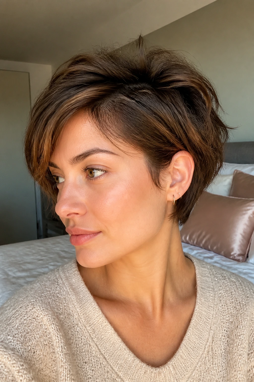 Real person with fresh-looking short thick hair between washes in a bedroom setting.