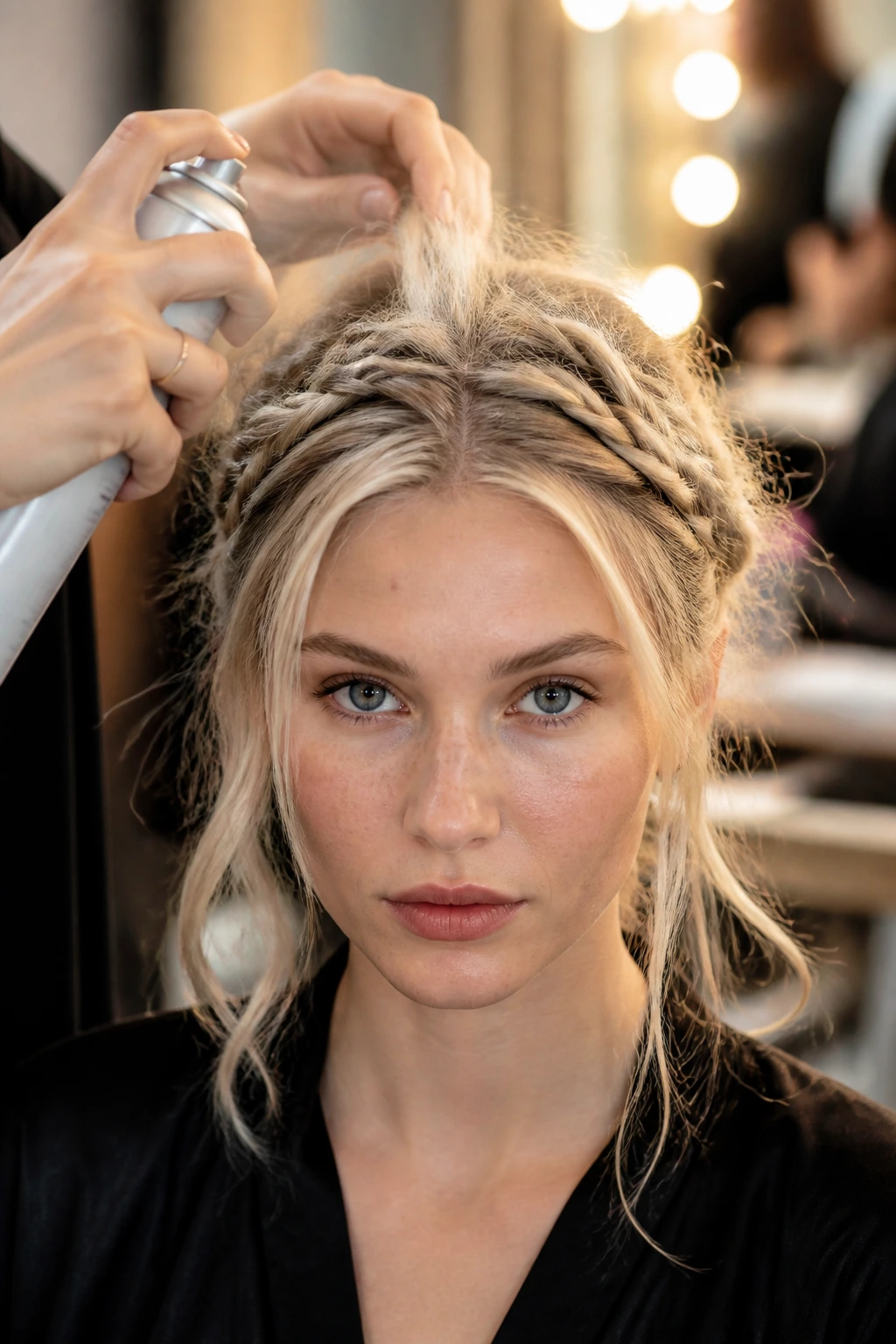 Close-up of hands applying dry shampoo to the roots to help styling hold