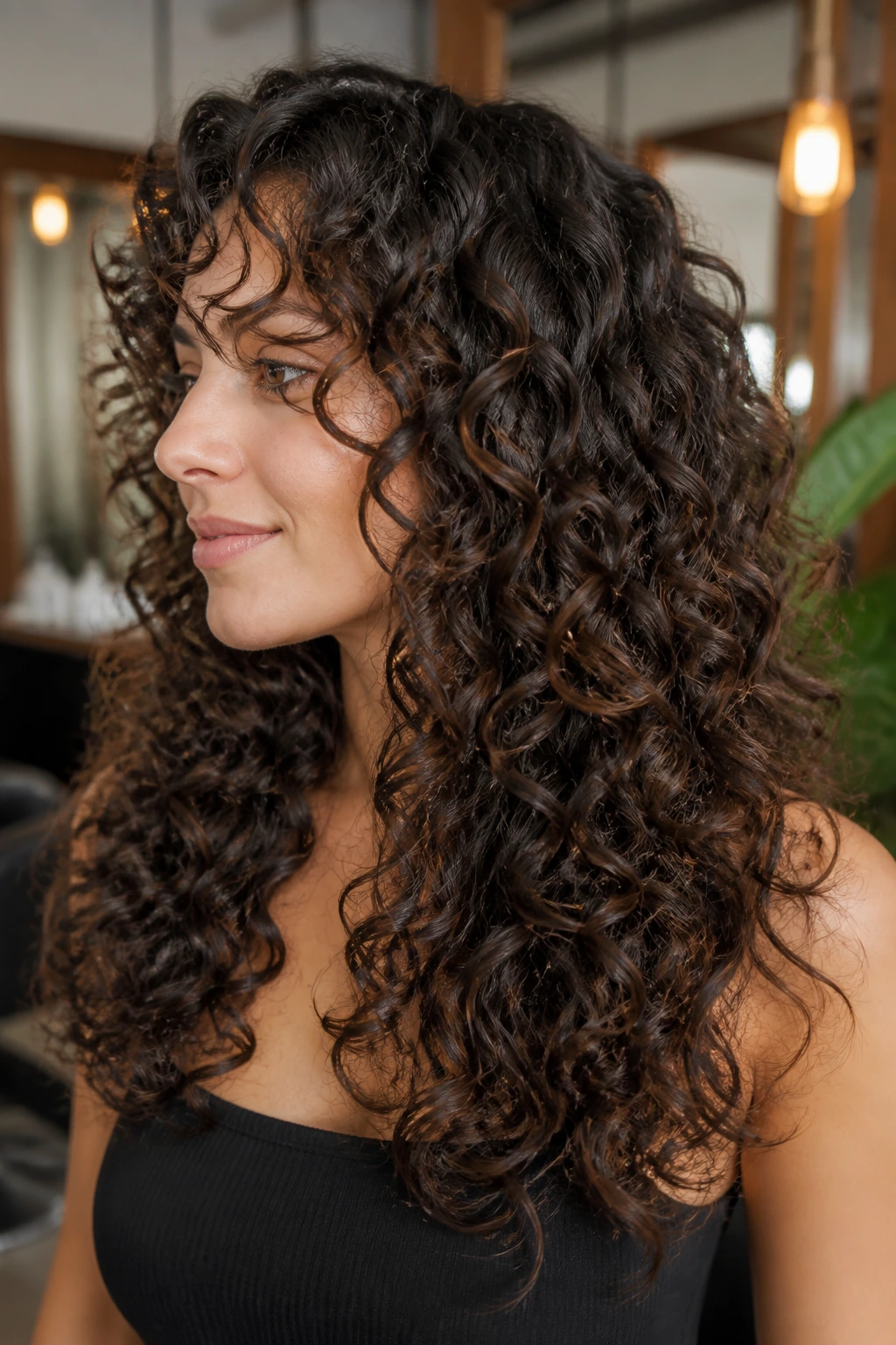 Portrait of a real woman with dry-shaped curl-by-curl cut and defined curls.