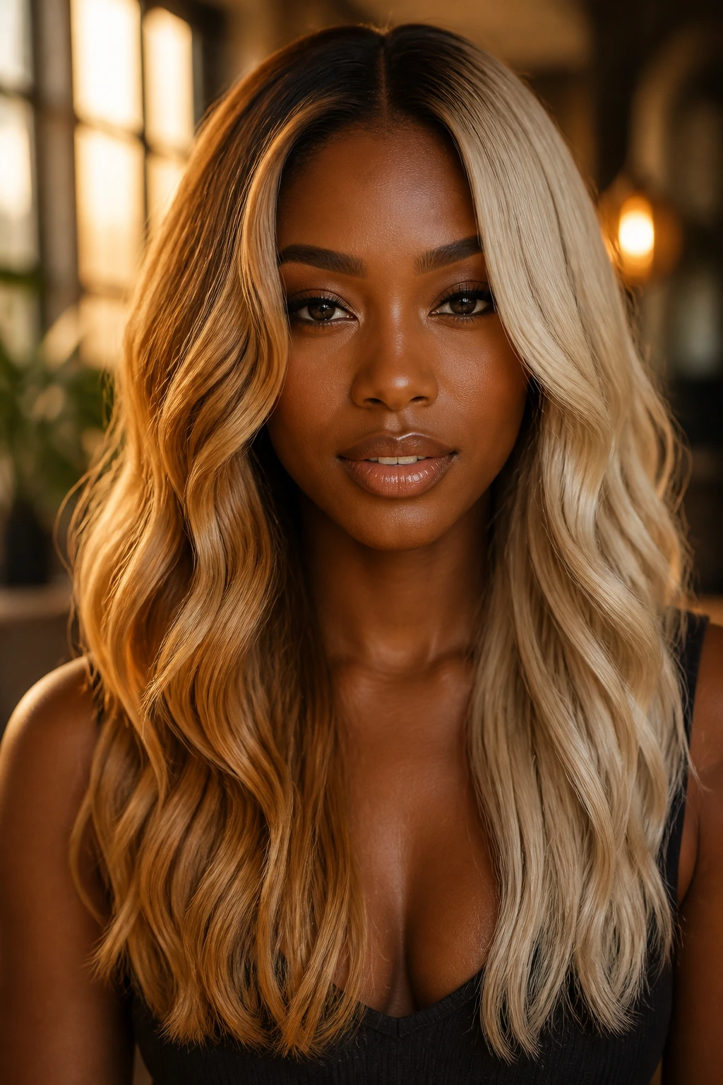 Portrait of deep skin with dual-tone hair showing warm honey and flat blonde contrast