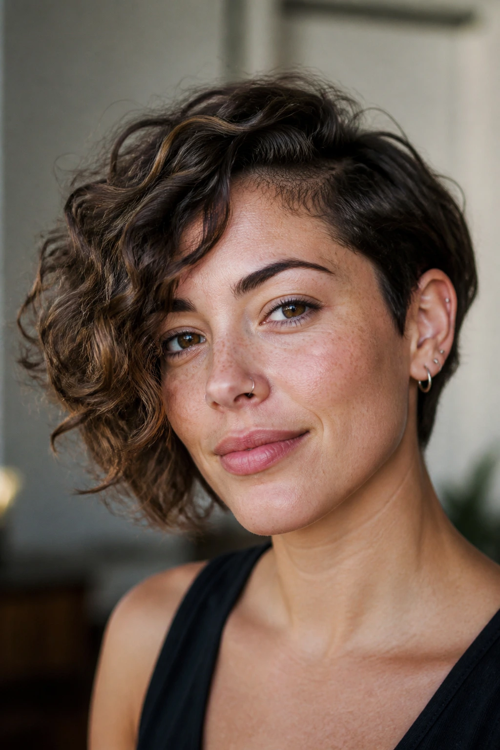 Close-up of a real woman with a durable diagonal curl shape that keeps working in daily life