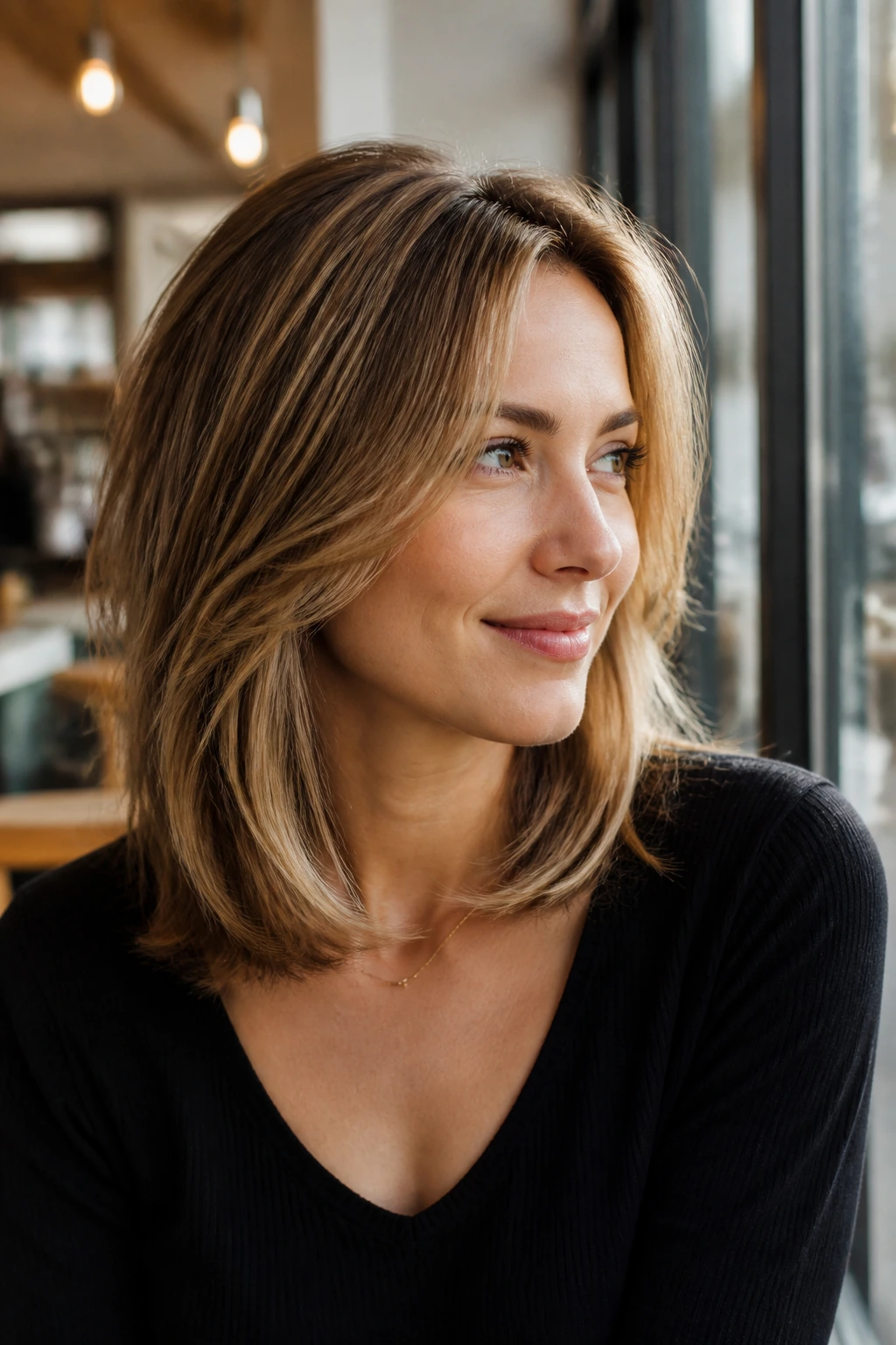 Real woman with durable shoulder-length layered cut maintaining shape after wash