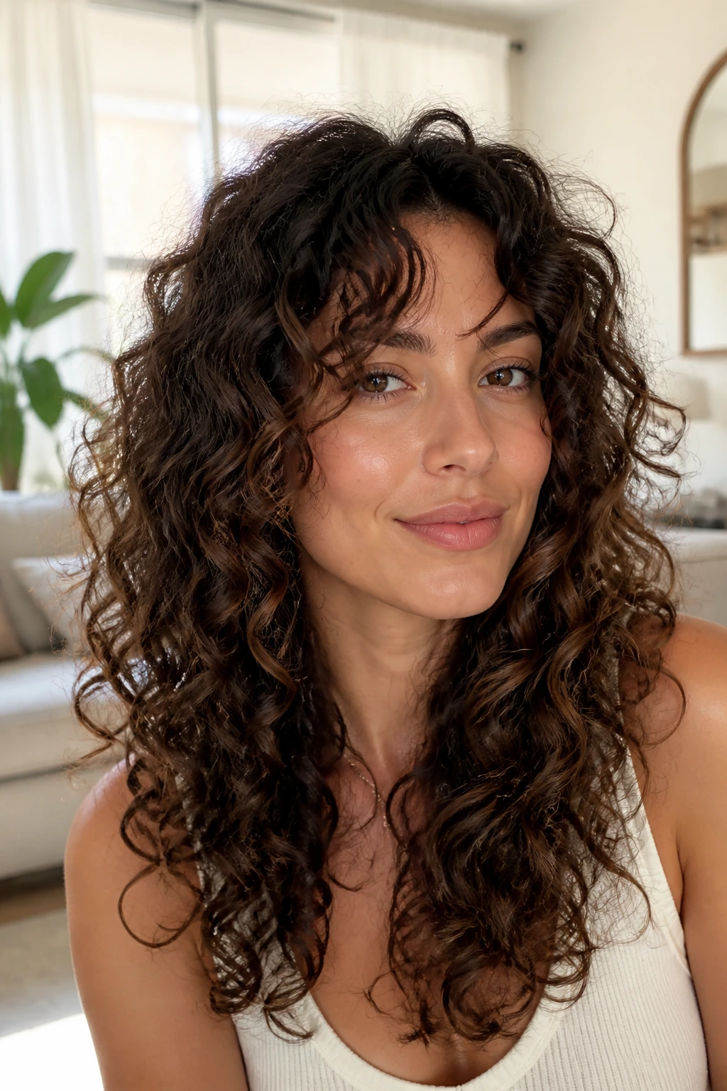 Close-up of a real woman with long curls kept lengthwise and light crown lift