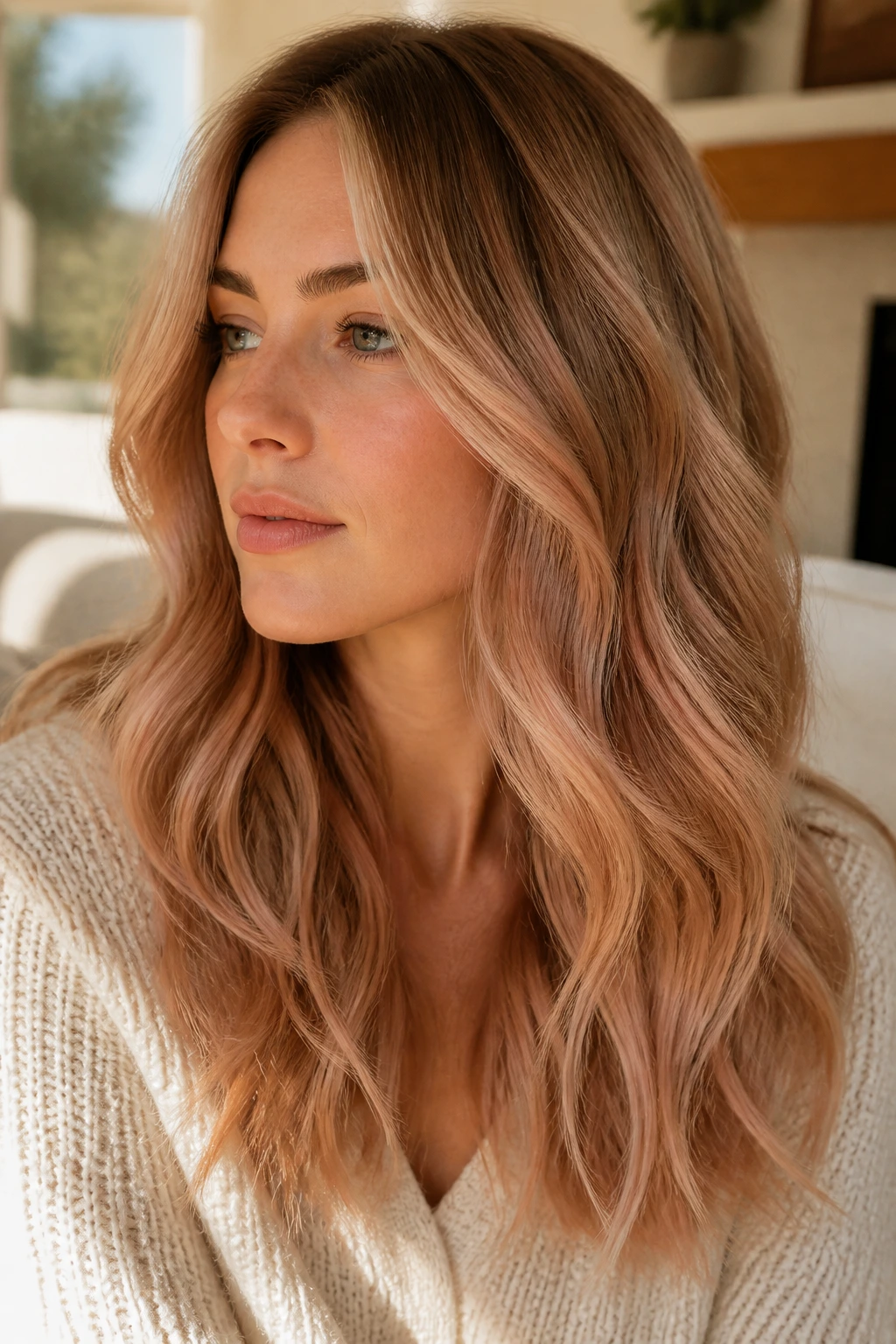 Real woman with dusty apricot balayage in soft sunlight