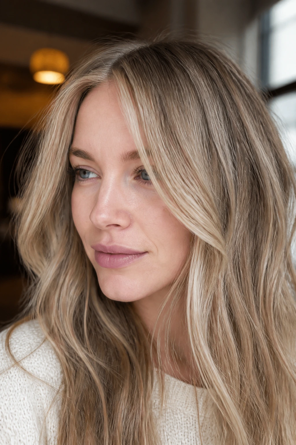 Close-up portrait of a real woman with dusty blonde slices around the face