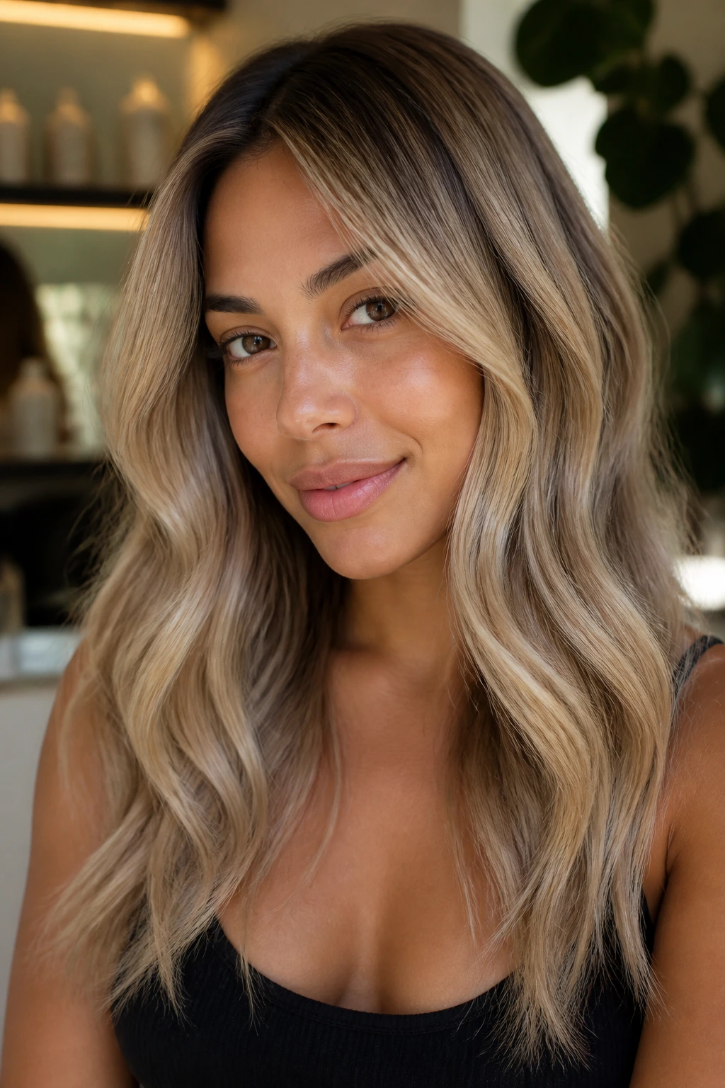 Close-up of a real woman with dusty blonde melt balayage, medium skin tone, soft powdery blonde.