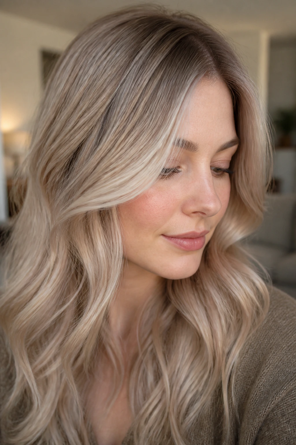 Close-up portrait of a real woman with dusty champagne beige hair and matte root