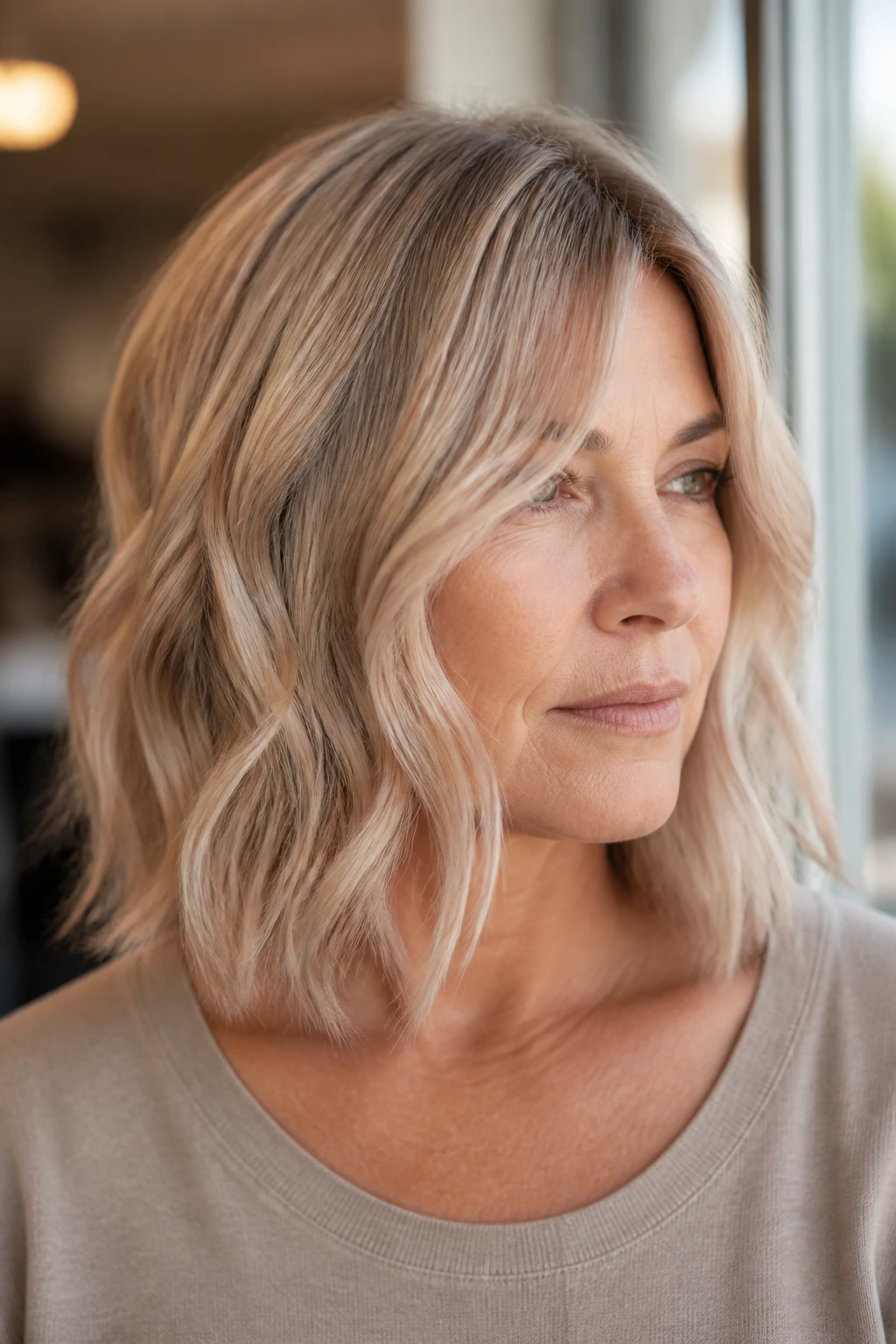 Real woman with dusty champagne lob and soft waves in indoor light.