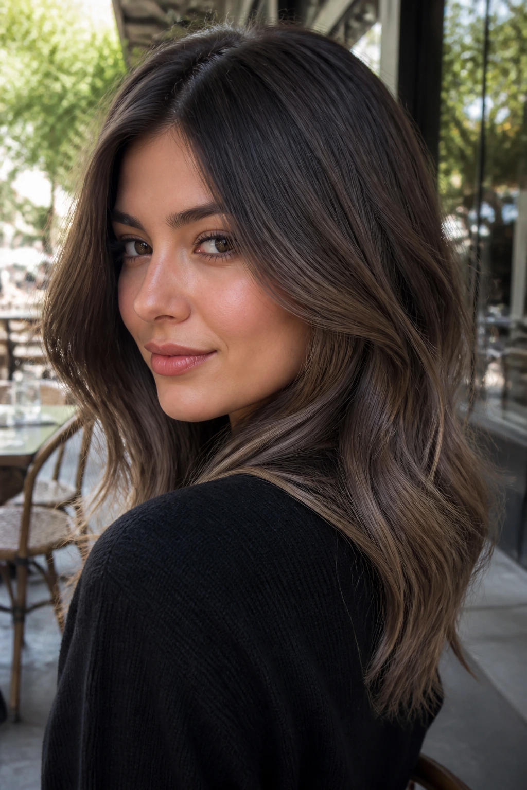 Brunette with dusty cocoa melt gradient, close-up