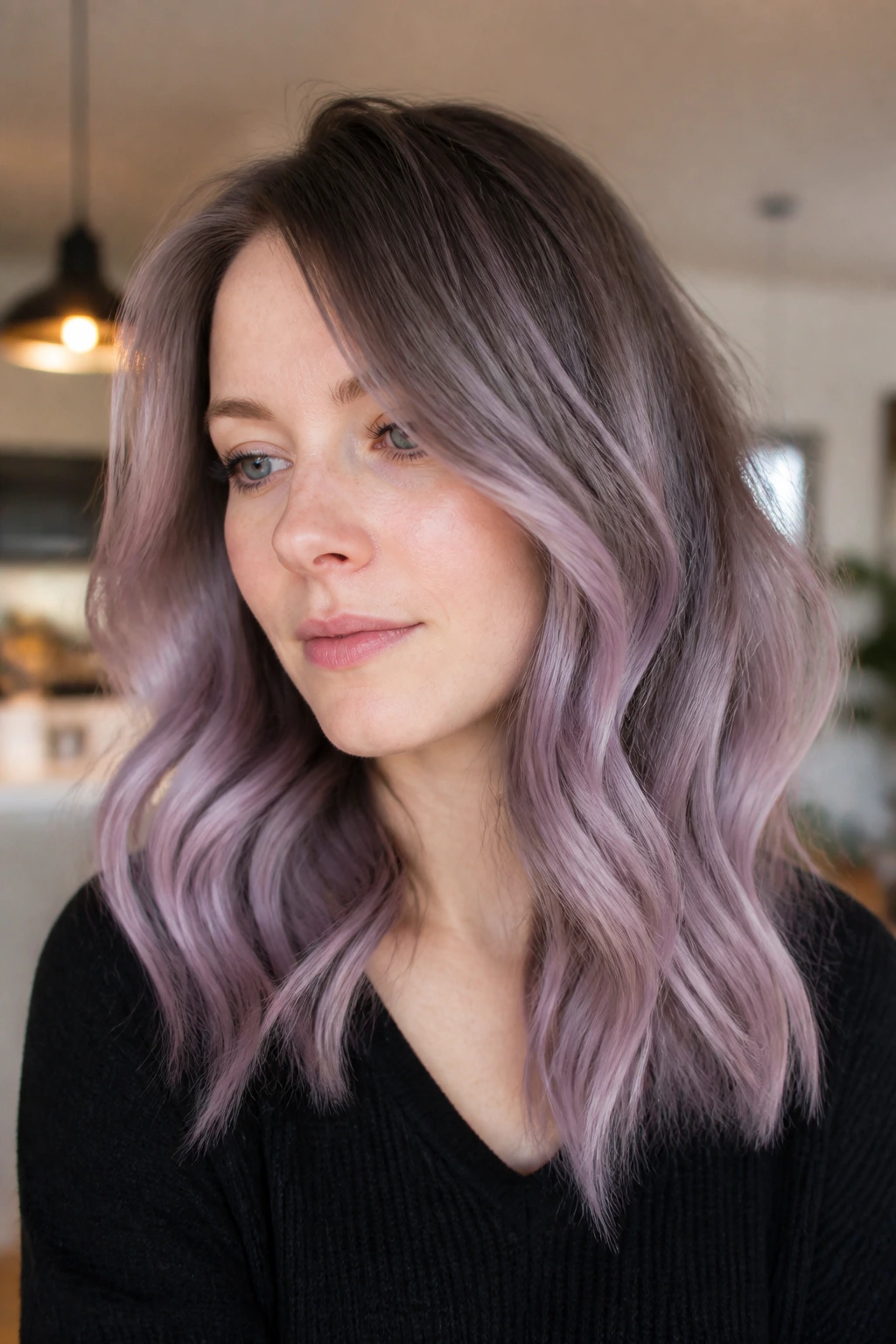 Close-up portrait of hair with dusty lavender balayage on fair skin