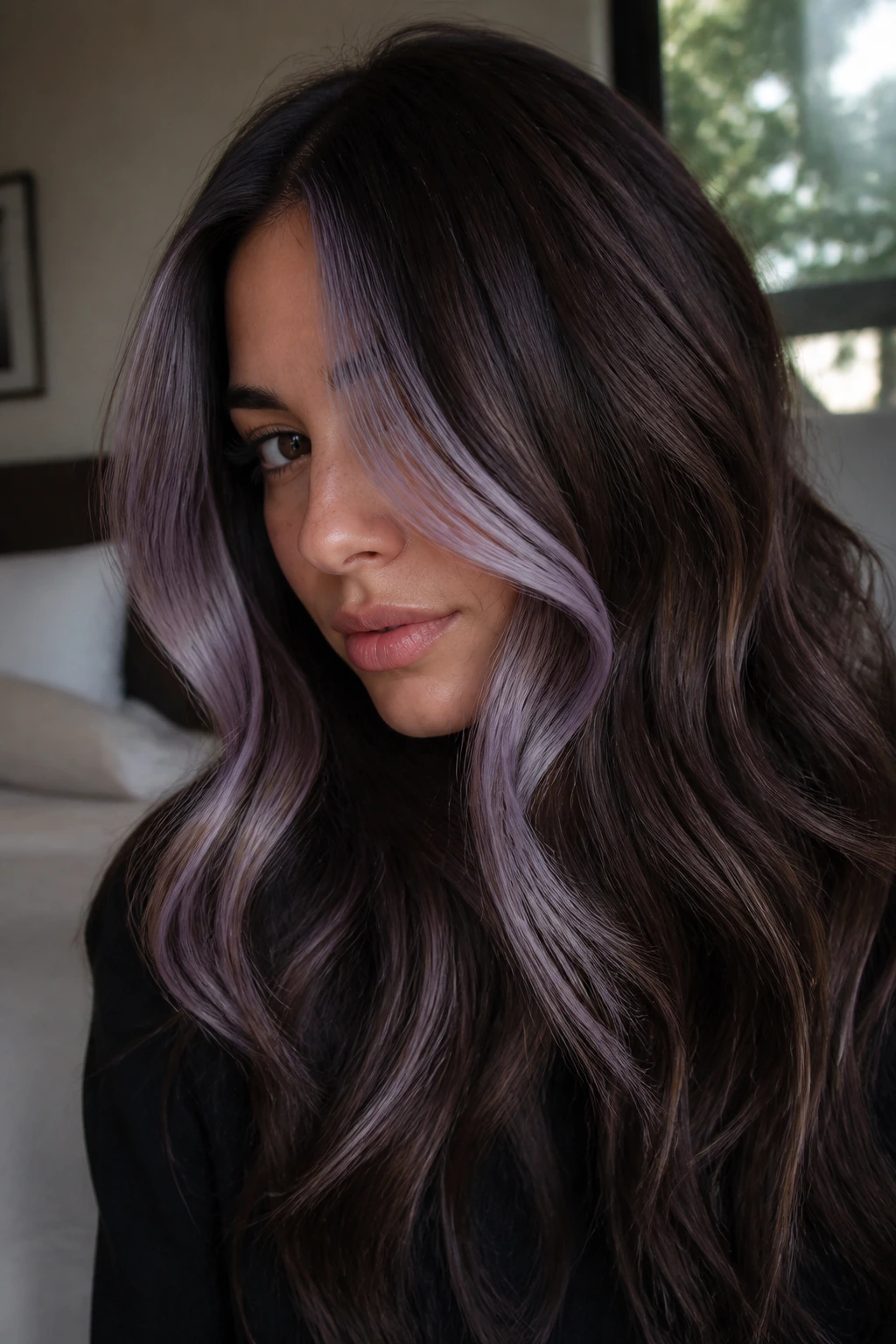 Close-up of brunette with dusty lilac-silver face-framing hair accents.