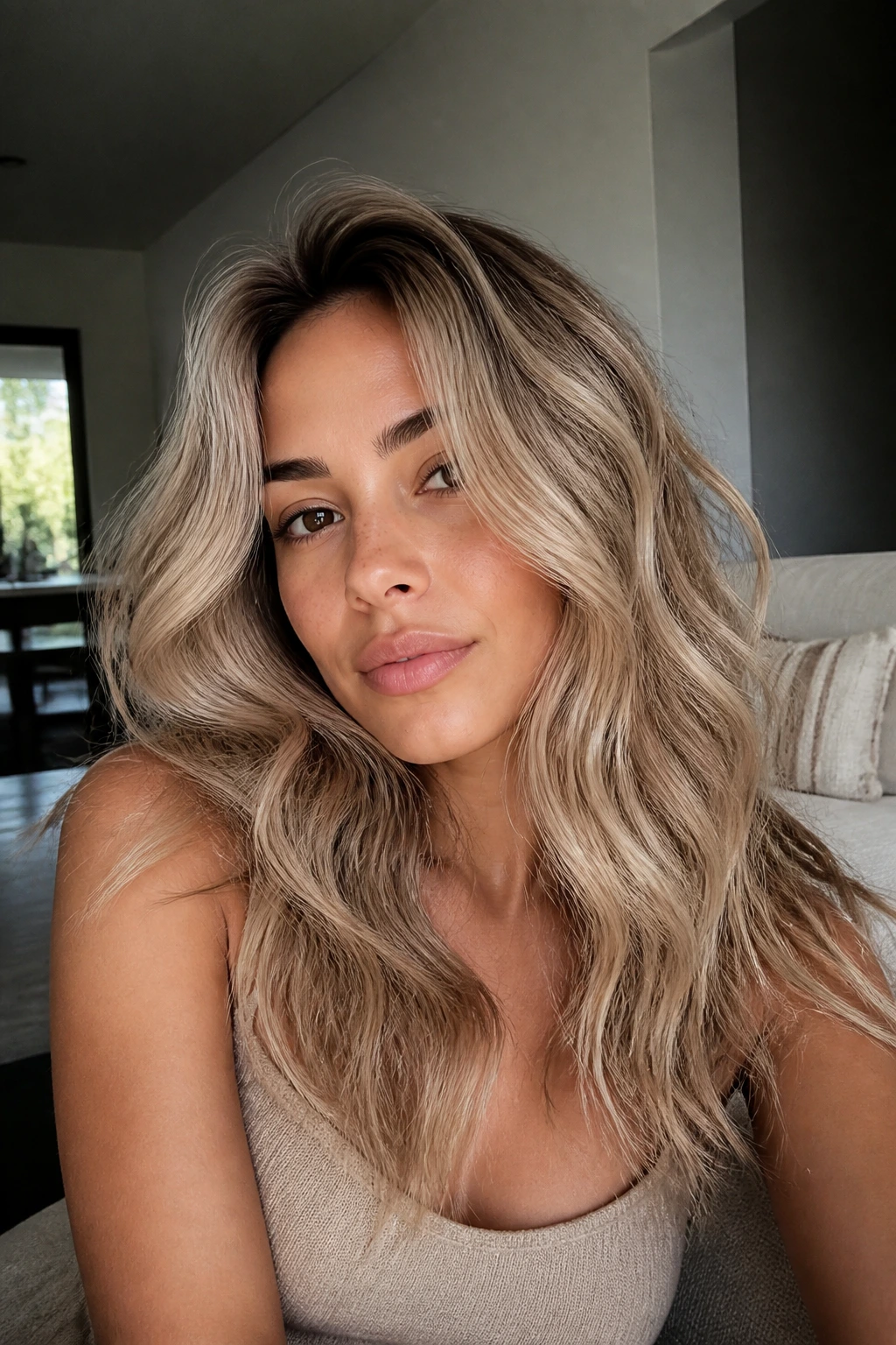 Close-up of a real person with dusty linen blonde waves