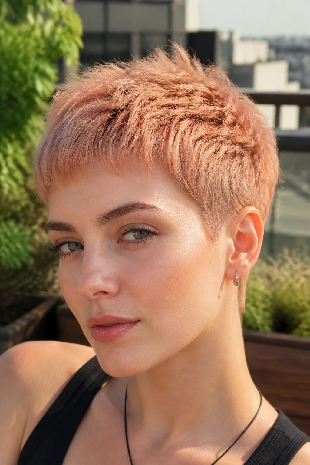 Close-up of real woman with dusty papaya cropped hair in soft matte finish