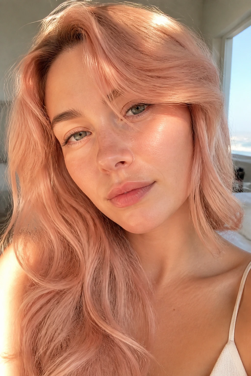 Close-up portrait of a real woman with dusty peach blonde hair in sunlight